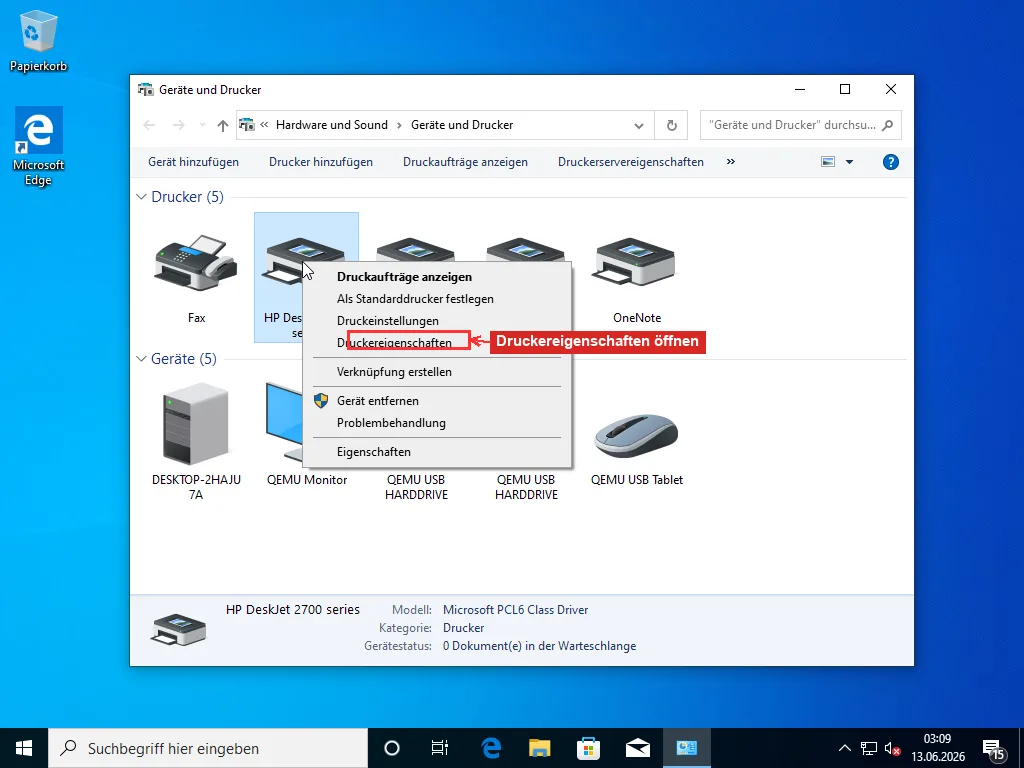 Windows-Fenster Geräte und Drucker mit rechtsgeklicktem HP-DeskJet-Drucker, das Kontextmenü zeigt Druckereigenschaften und Druckeinstellungen