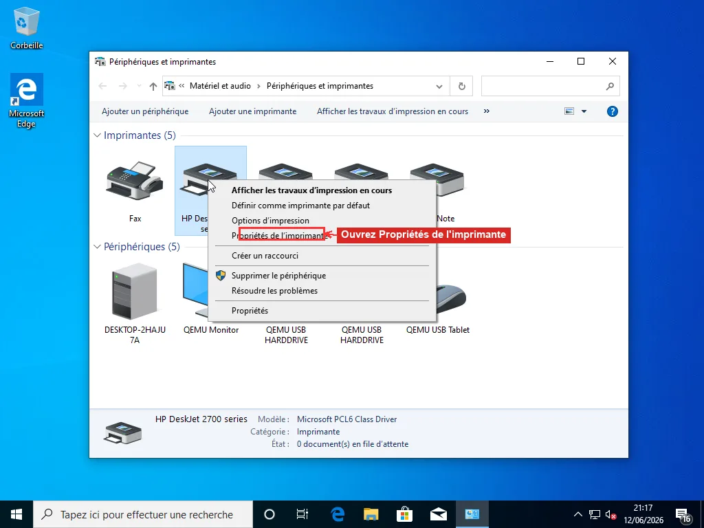 Fenêtre Périphériques et imprimantes de Windows avec une imprimante HP DeskJet, le menu contextuel affichant Propriétés de l'imprimante et Préférences d'impression