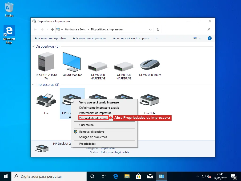 Janela Dispositivos e Impressoras do Windows com uma impressora HP DeskJet, o menu de contexto mostrando Propriedades da impressora e Preferências de impressão