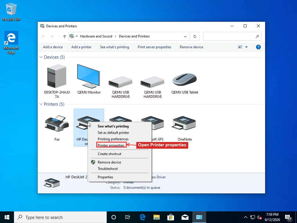 Windows Devices and Printers window with an HP DeskJet printer right-clicked, the context menu showing Printer properties and Printing preferences