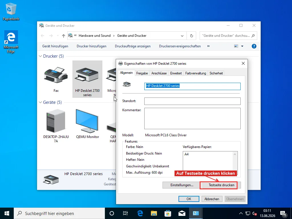 Registerkarte Allgemein der HP-DeskJet-Druckereigenschaften mit der Schaltfläche Testseite drucken unten