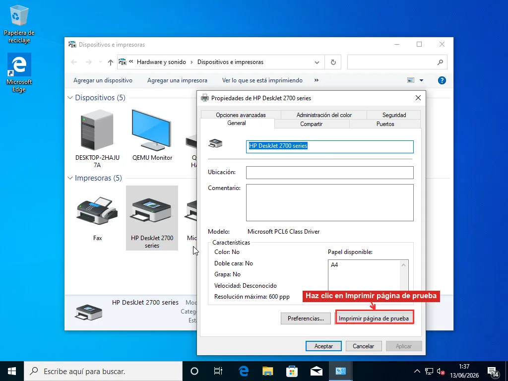 Pestaña General de las propiedades de la impresora HP DeskJet mostrando el botón Imprimir página de prueba abajo