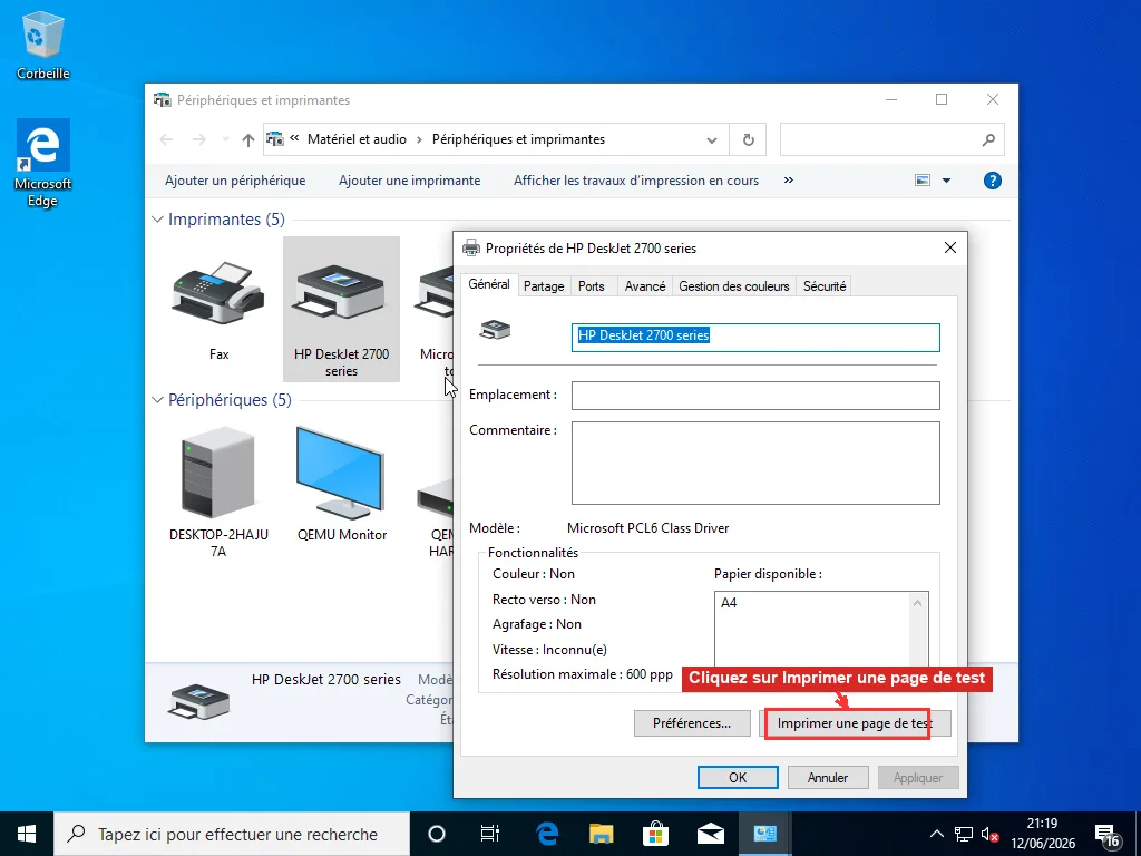 Onglet Général des propriétés de l'imprimante HP DeskJet montrant le bouton Imprimer une page de test en bas