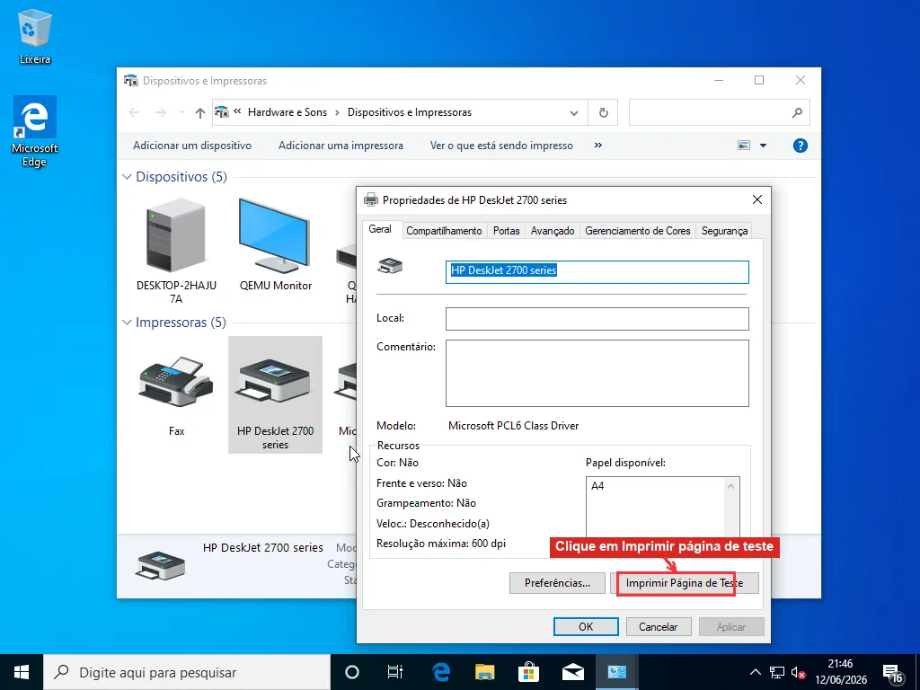 Aba Geral das propriedades da impressora HP DeskJet mostrando o botão Imprimir página de teste embaixo