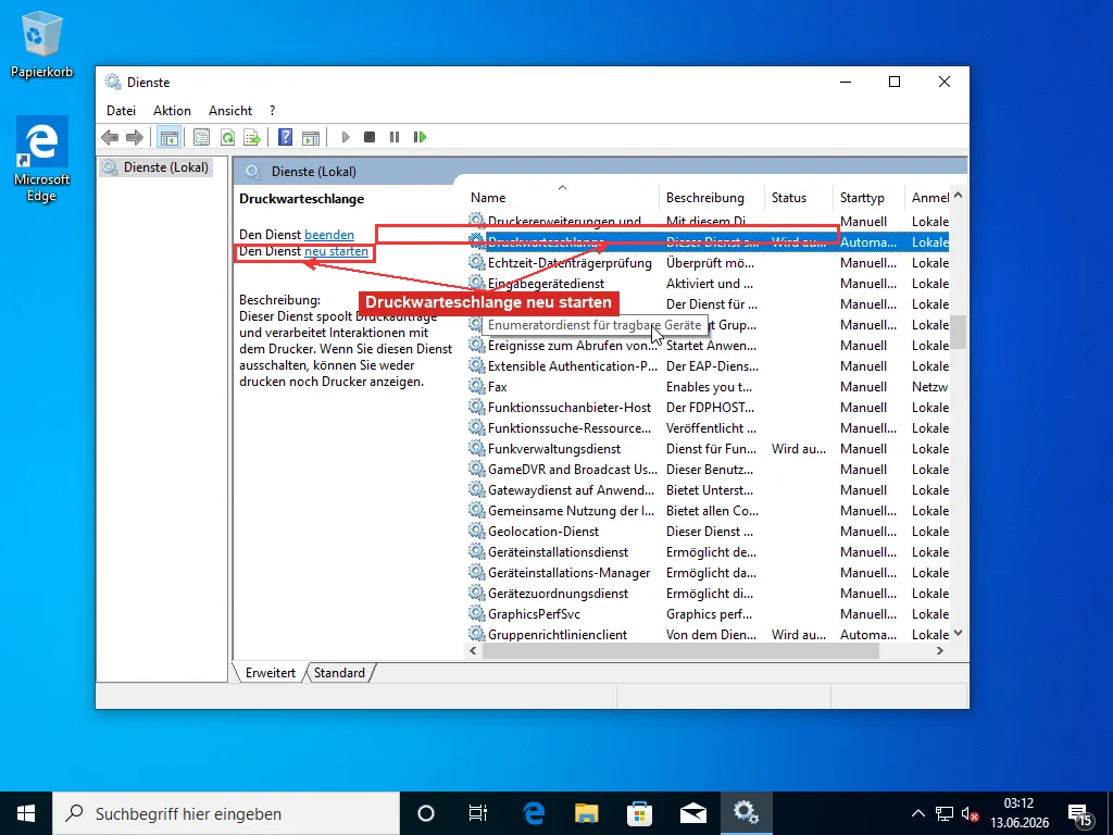 Windows-Dienstekonsole mit ausgewähltem Dienst Druckwarteschlange und hervorgehobenem Link Dienst neu starten