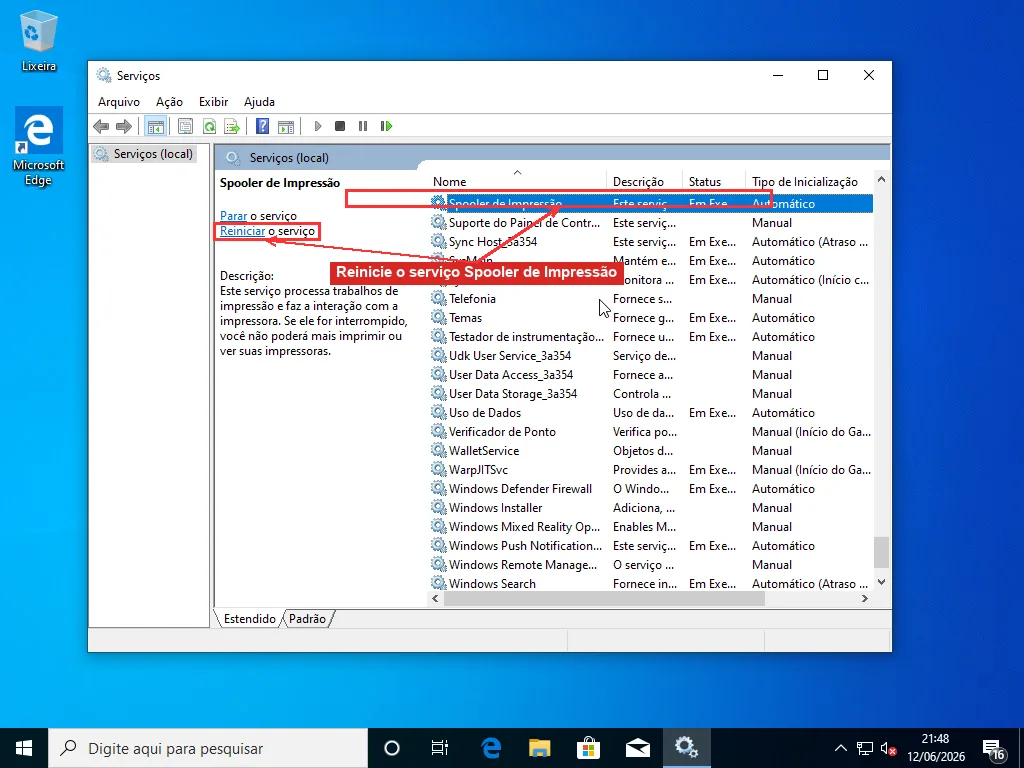 Console de Serviços do Windows com o serviço Spooler de Impressão selecionado e o link Reiniciar o serviço destacado
