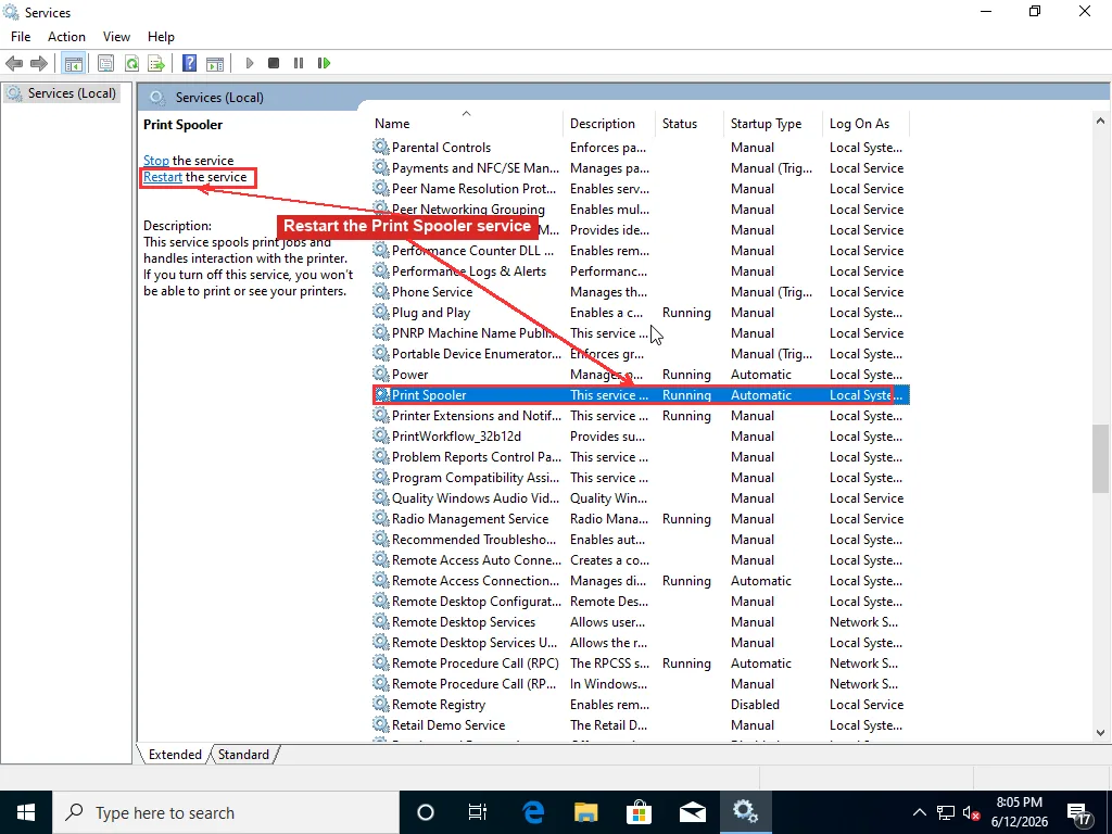 Windows Services console with the Print Spooler service selected and the Restart the service link highlighted