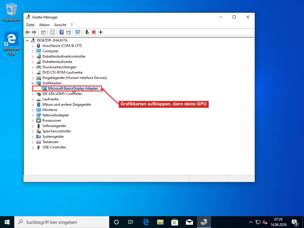Der Windows-Geräte-Manager mit aufgeklappten Grafikkarten und ausgewähltem Grafikadapter, dem Gerät, auf das ein Grafik-.sys-Name deutet
