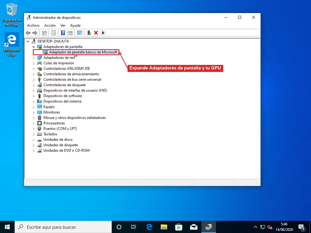 Administrador de dispositivos de Windows con Adaptadores de pantalla expandido y el adaptador gráfico seleccionado, el dispositivo al que apunta un nombre .sys de gráficos