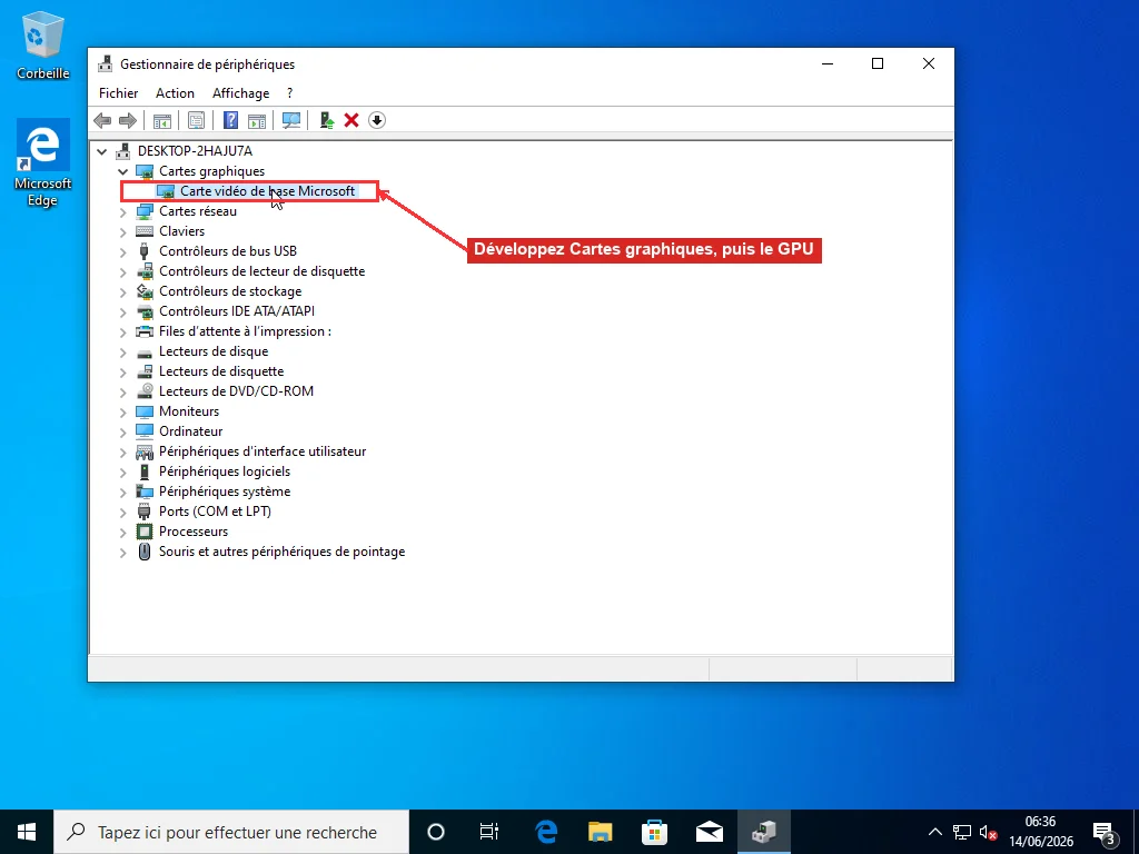 Le Gestionnaire de périphériques Windows avec Cartes graphiques développé et l'adaptateur graphique sélectionné, le périphérique vers lequel pointe un nom .sys graphique