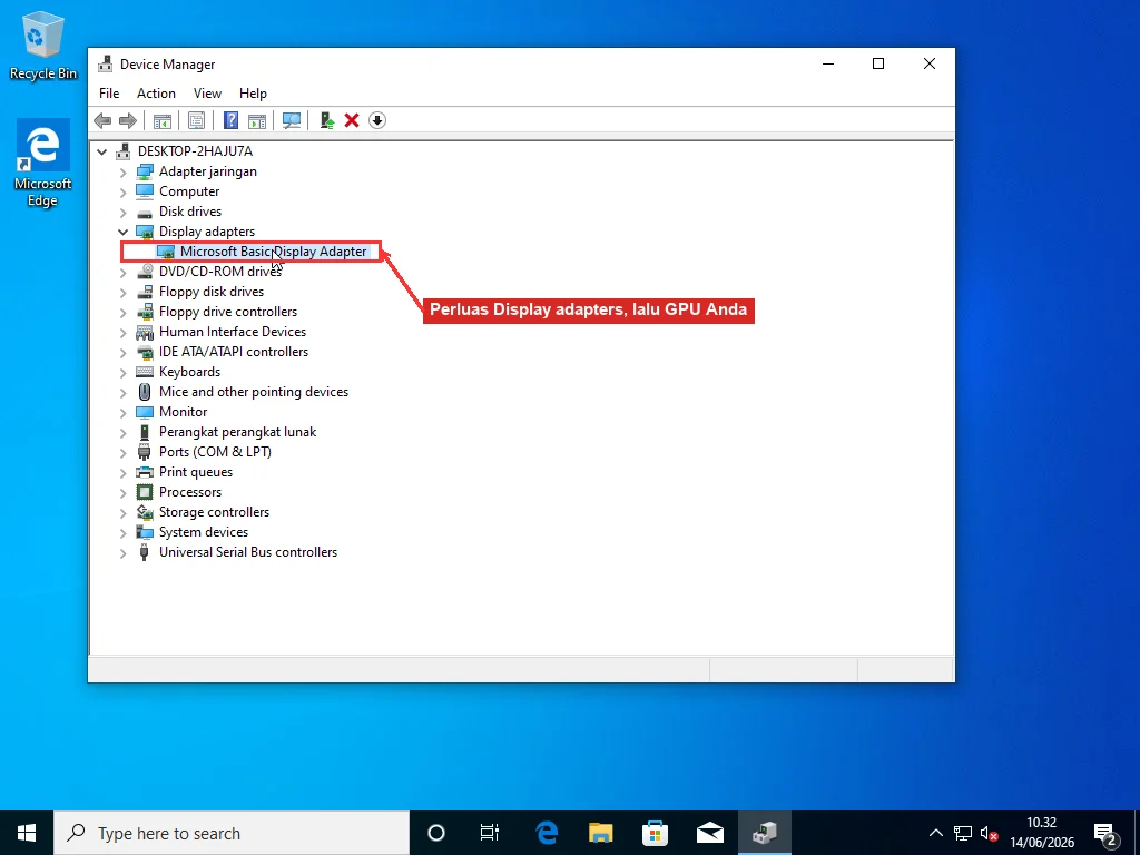 Device Manager Windows dengan Display adapters diperluas dan adaptor grafis dipilih, perangkat yang ditunjuk oleh nama .sys grafis