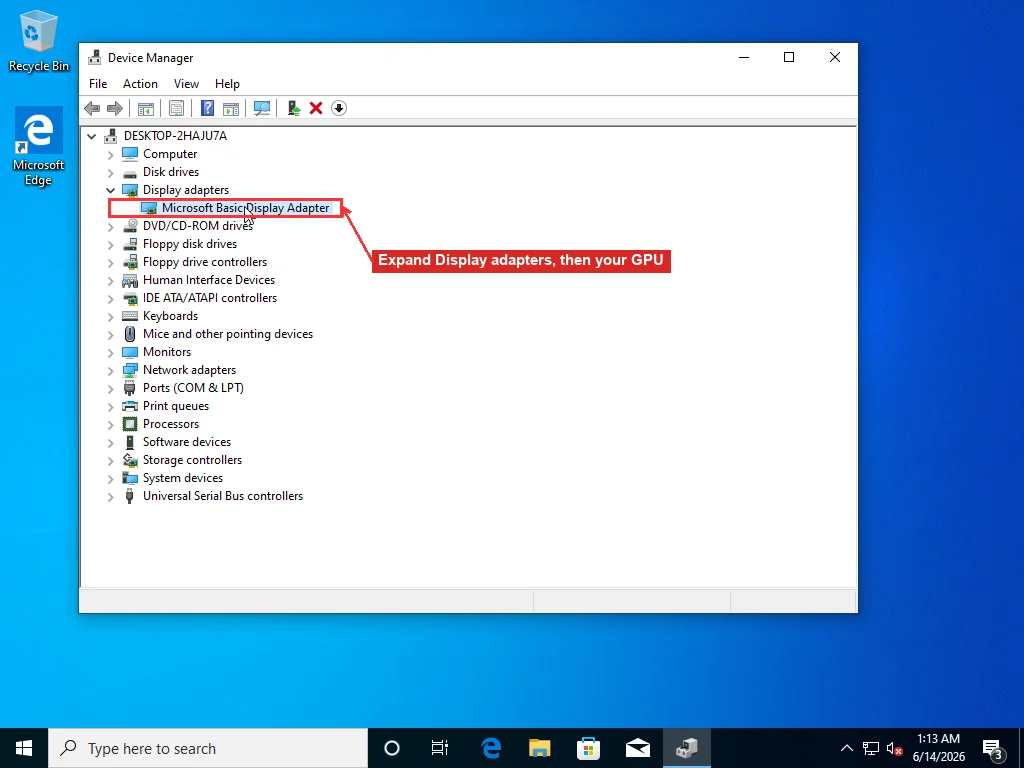 Windows Device Manager with Display adapters expanded and the graphics adapter selected, the device a graphics .sys filename points to