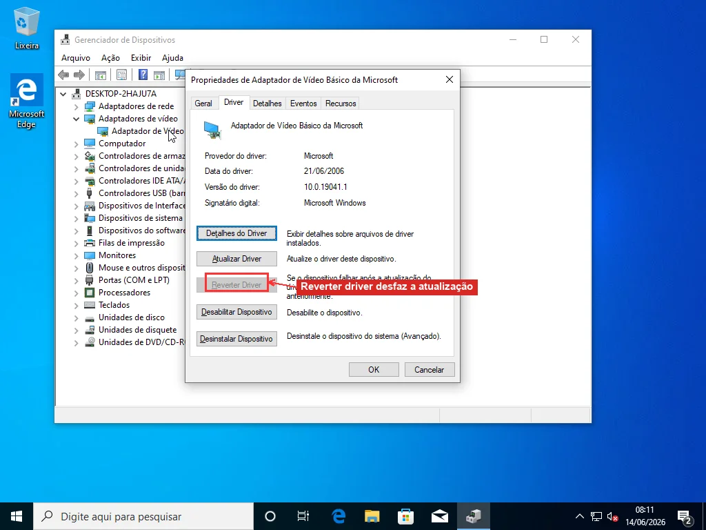 A guia Driver das Propriedades de um adaptador gráfico no Gerenciador de Dispositivos, com o botão Reverter driver destacado