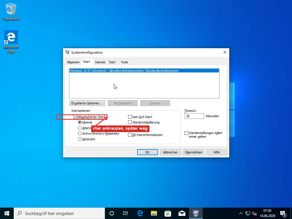 Die Registerkarte Start der Systemkonfiguration (msconfig) mit gesetztem Abgesicherten Start und ausgewähltem Minimal