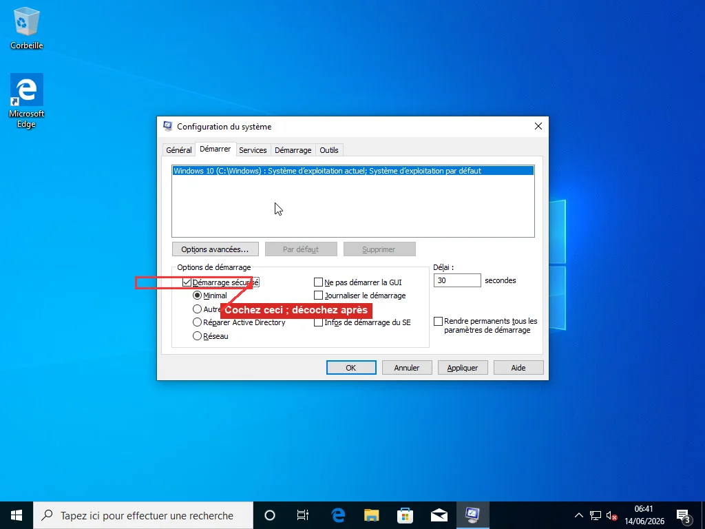 L'onglet Démarrer de Configuration du système (msconfig) avec Démarrage sécurisé coché et Minimal sélectionné