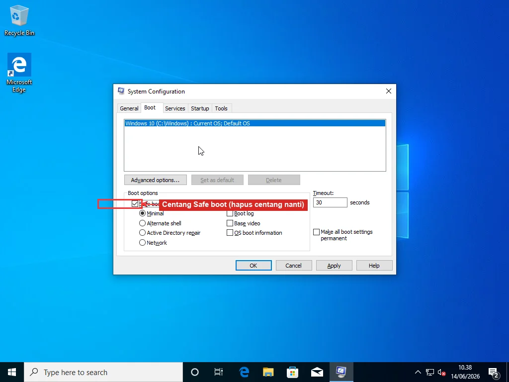 Tab Boot pada System Configuration (msconfig) dengan Safe boot dicentang dan Minimal dipilih