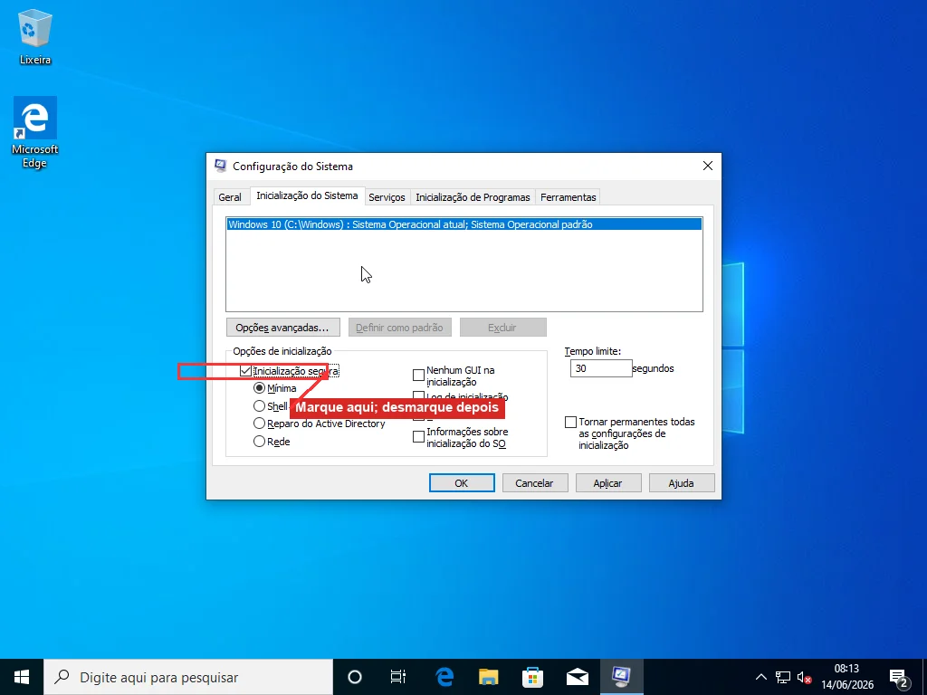 A guia Inicialização do Sistema da Configuração do Sistema (msconfig) com Inicialização segura marcada e Mínima selecionada