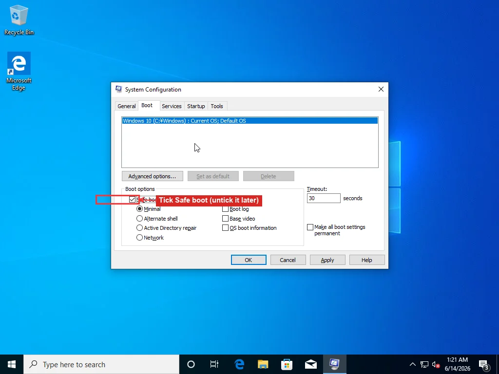 The System Configuration (msconfig) Boot tab with Safe boot ticked and Minimal selected