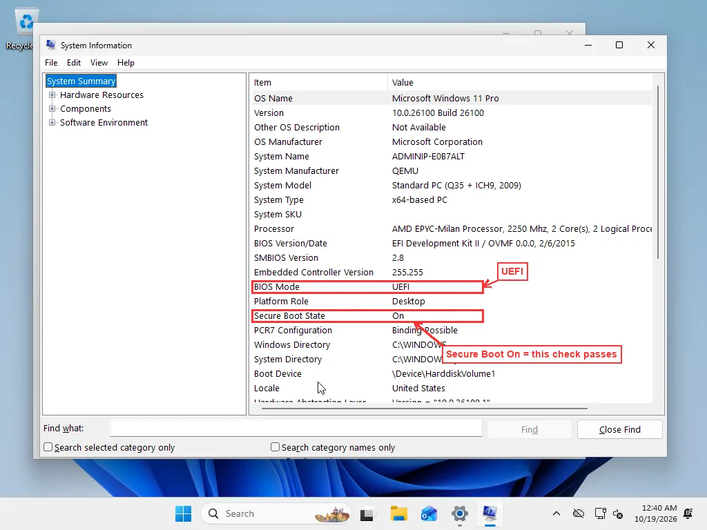 System Information (msinfo32) showing BIOS Mode UEFI and Secure Boot State On