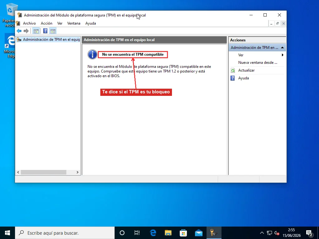 Consola de Administración del TPM de Windows (tpm.msc) mostrando 'No se encuentra el TPM compatible', el estado que te dice si el TPM es tu bloqueo para Windows 11