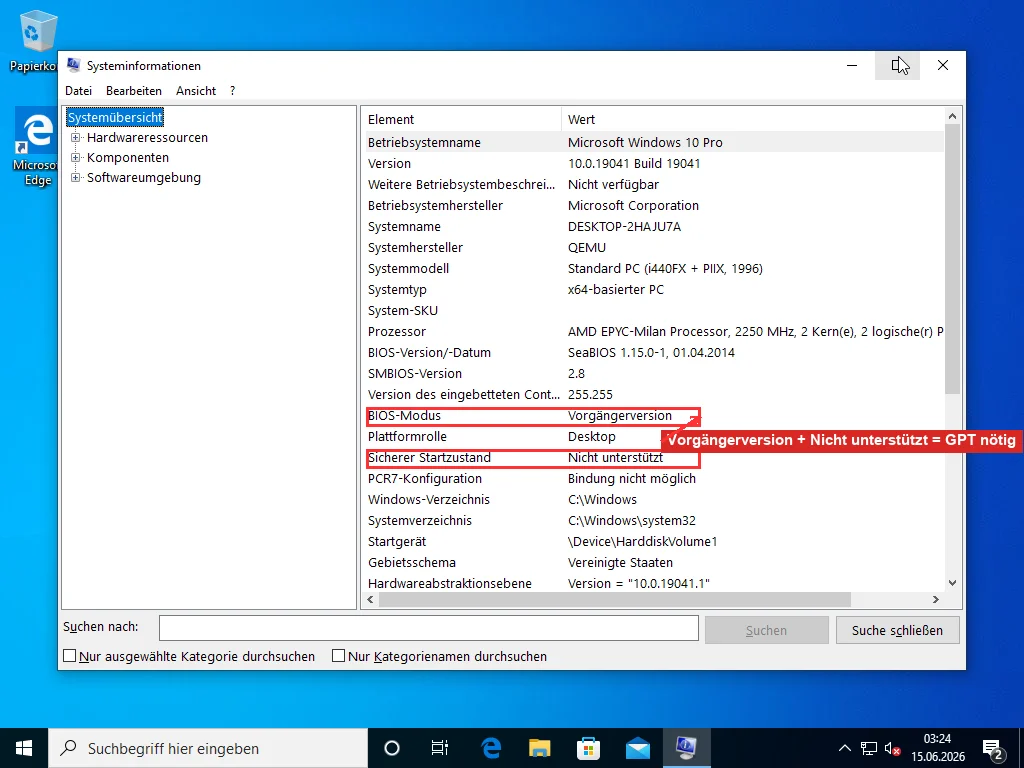 Windows Systeminformationen (msinfo32) mit BIOS-Modus auf Vorgängerversion und Sicherer Startzustand auf Nicht unterstützt