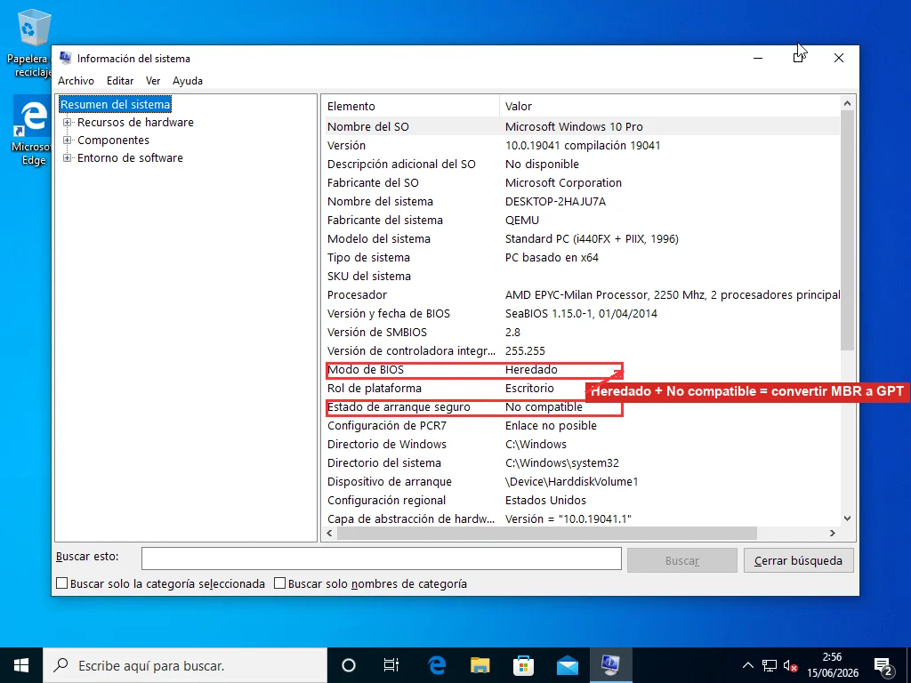 Información del sistema de Windows (msinfo32) con Modo de BIOS en Heredado y Estado de arranque seguro en No compatible