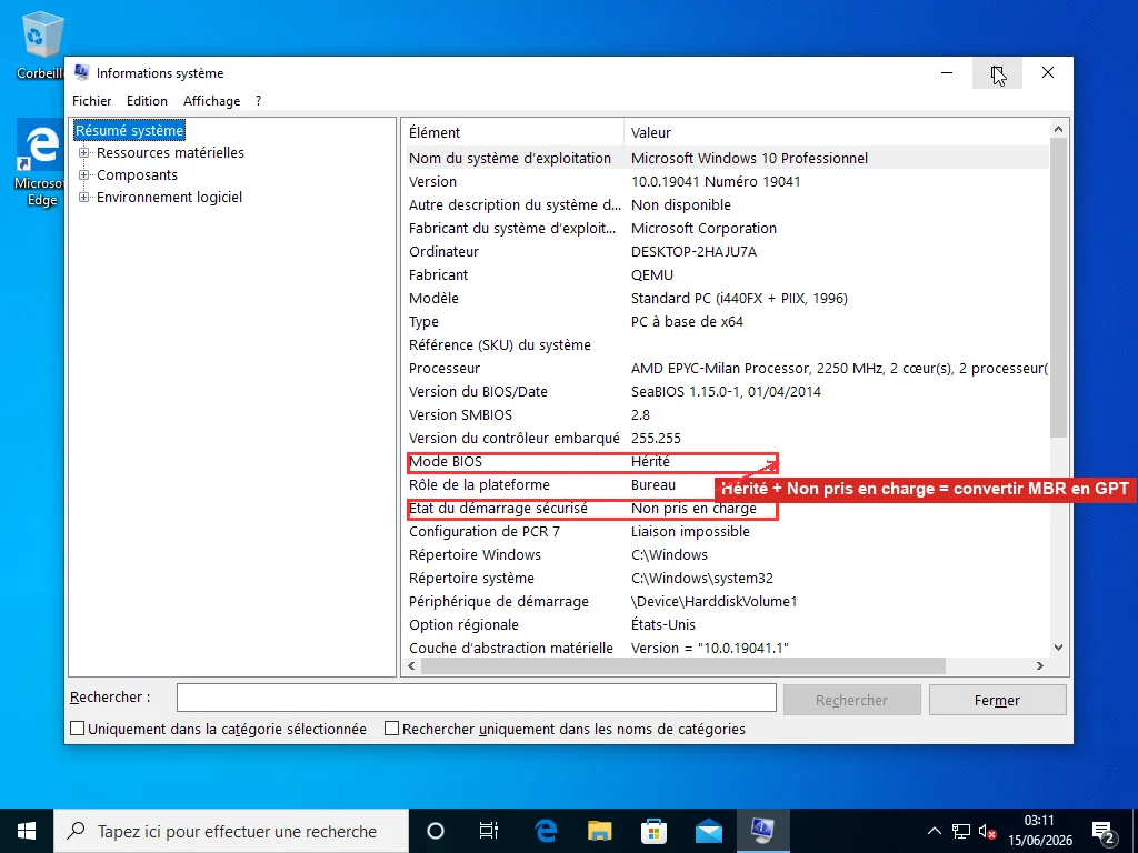 Informations système de Windows (msinfo32) avec Mode BIOS sur Hérité et État du démarrage sécurisé sur Non pris en charge