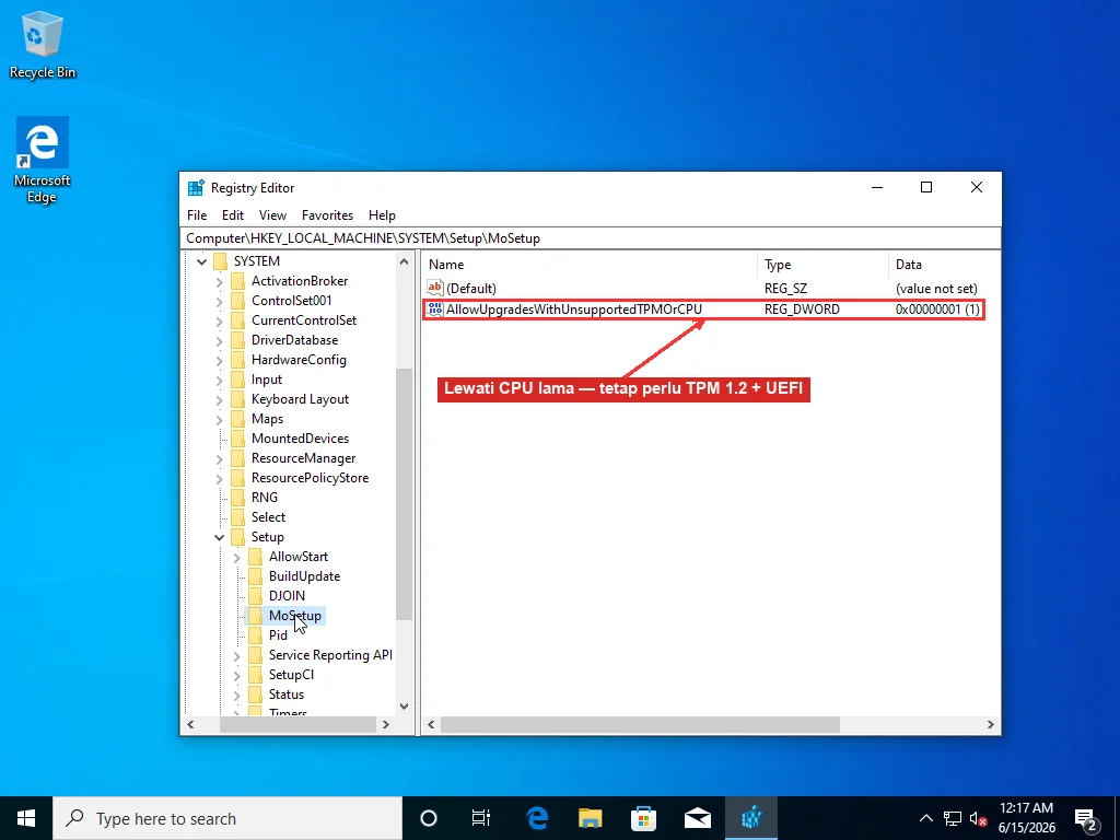 Registry Editor di HKLM\SYSTEM\Setup\MoSetup dengan DWORD AllowUpgradesWithUnsupportedTPMOrCPU diset ke 1