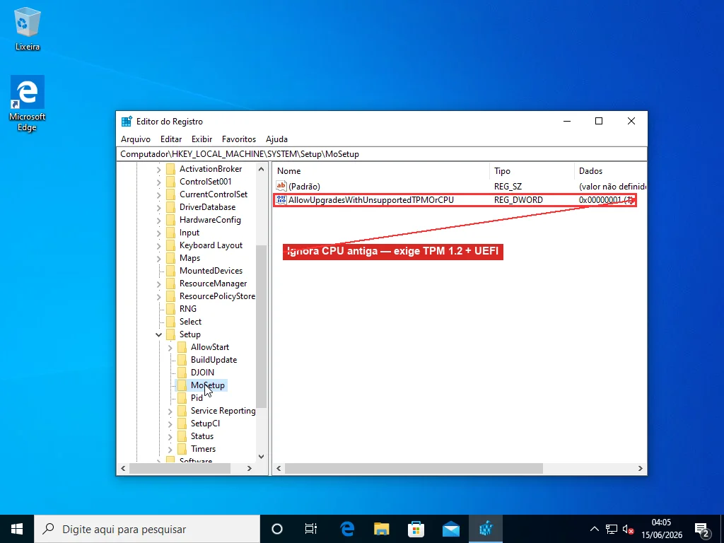 Editor do Registro em HKLM\SYSTEM\Setup\MoSetup com o DWORD AllowUpgradesWithUnsupportedTPMOrCPU definido como 1