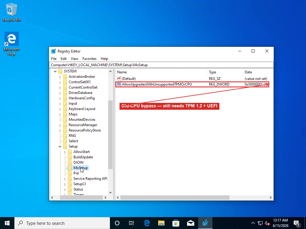 Registry Editor at HKLM\SYSTEM\Setup\MoSetup with the AllowUpgradesWithUnsupportedTPMOrCPU DWORD set to 1