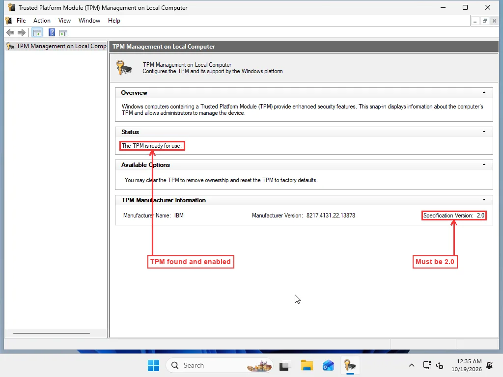 TPM Management console showing 'The TPM is ready for use' and Specification Version 2.0