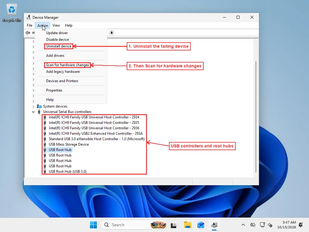 Windows 11 Device Manager with Universal Serial Bus controllers expanded and the Action menu showing Uninstall device and Scan for hardware changes