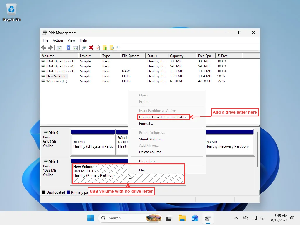 Disk Management showing a USB volume without a drive letter and the right-click menu with Change Drive Letter and Paths