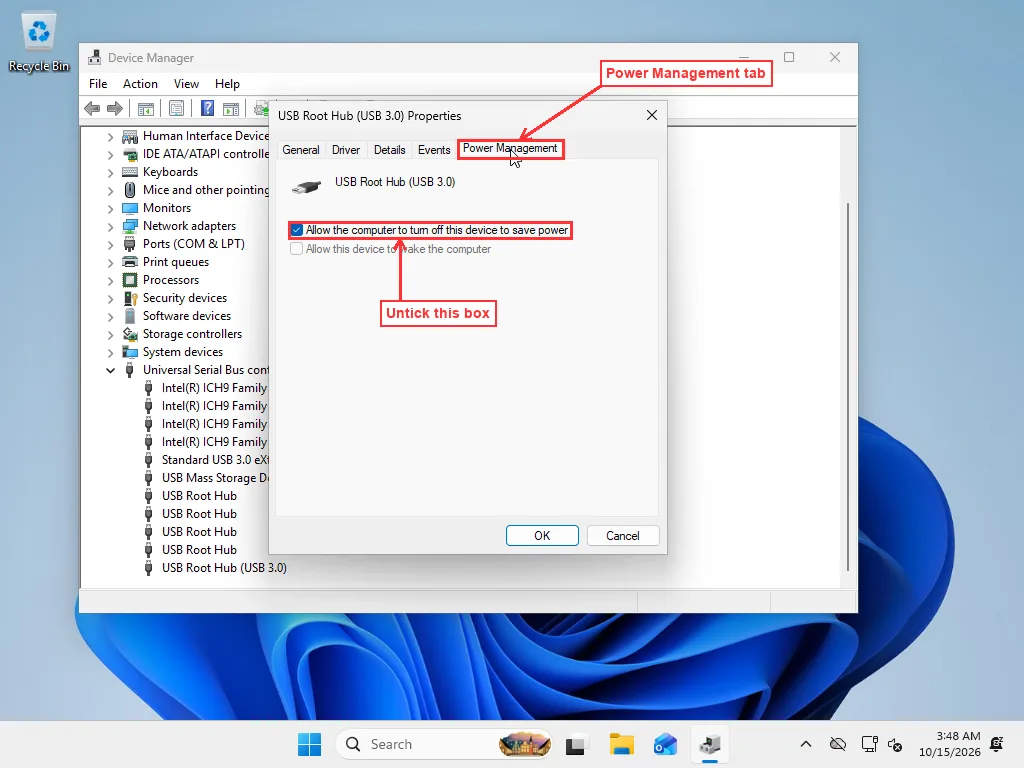 USB Root Hub (USB 3.0) Properties on the Power Management tab with Allow the computer to turn off this device to save power ticked
