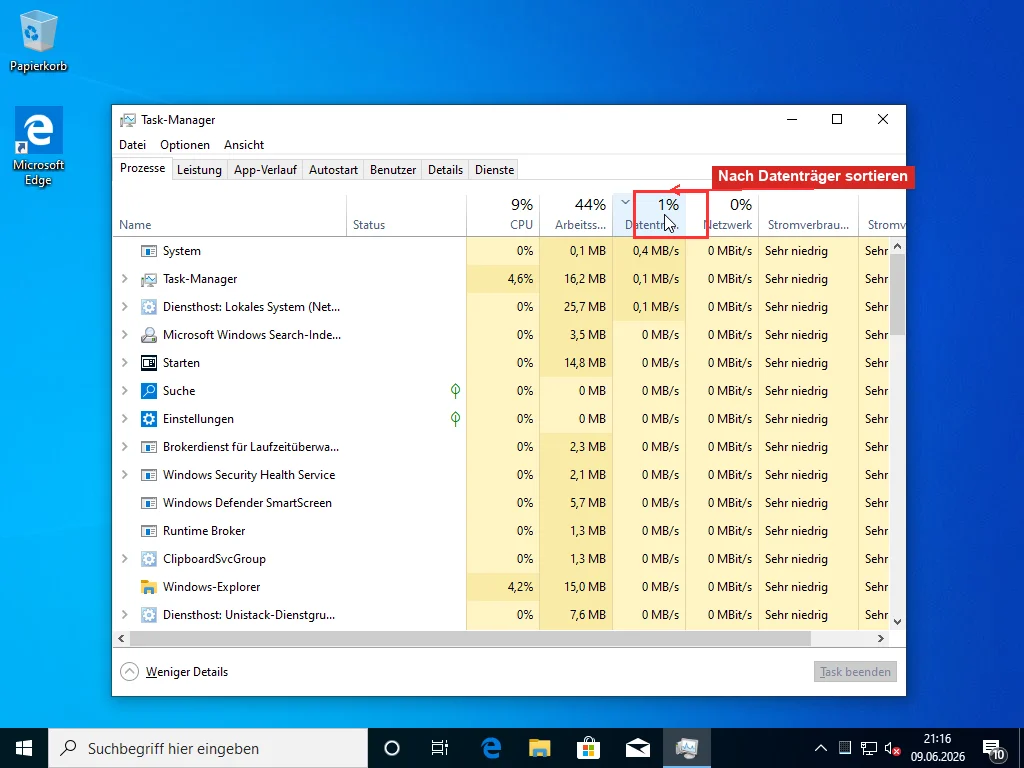 Task-Manager Prozesse-Tab sortiert nach Datenträger-Spalte absteigend, mit hervorgehobenem Spaltenheader