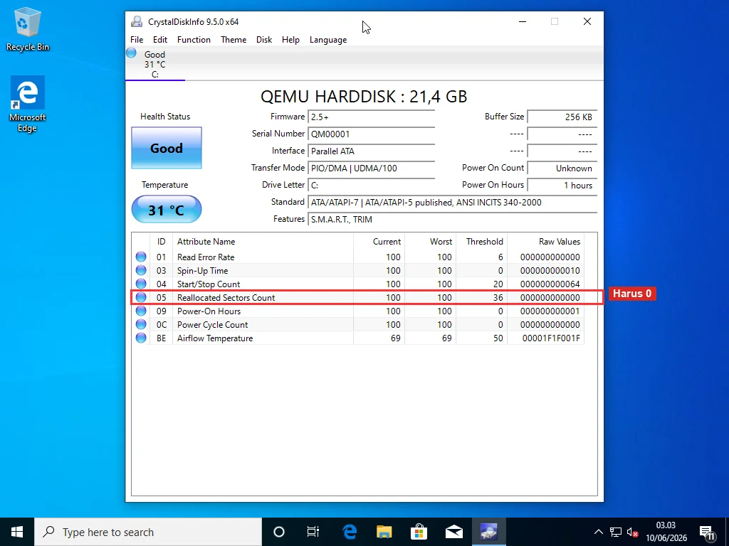Jendela data SMART CrystalDiskInfo menampilkan status kesehatan drive, suhu, dan tabel atribut termasuk Reallocated Sectors Count di ID 05