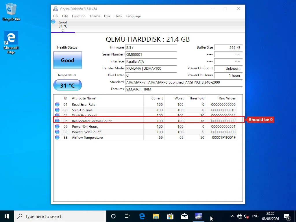 CrystalDiskInfo SMART data window showing drive health status, temperature, and attribute table including Reallocated Sectors Count at ID 05