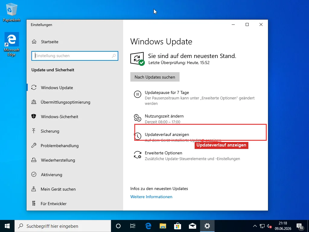 Windows Update-Einstellungsseite zeigt aktuellen Status mit der Option Updateverlauf anzeigen