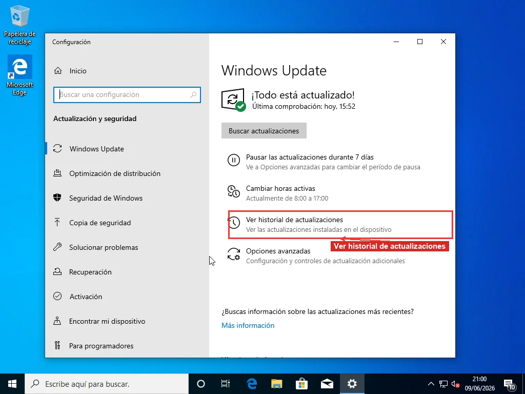 Página de configuración de Windows Update mostrando estado al día con opción Ver historial de actualizaciones