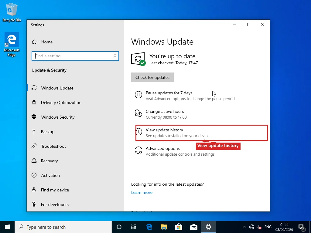Windows Update settings page showing You're up to date status with View update history option listed below
