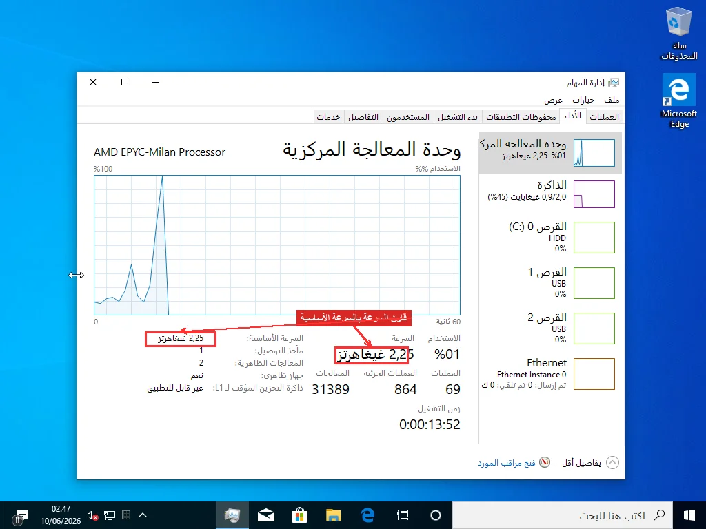 تبويب الأداء في إدارة المهام عرض CPU مع تمييز قراءتَي السرعة الحالية والسرعة الأساسية للمقارنة