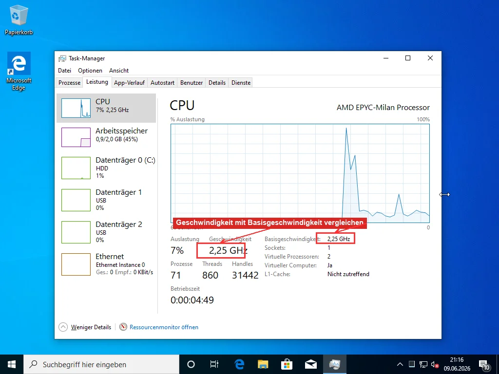 Task-Manager Leistungs-Tab CPU-Ansicht mit hervorgehobenen aktuellen Geschwindigkeits- und Basisgeschwindigkeits-Anzeigen zum Vergleich