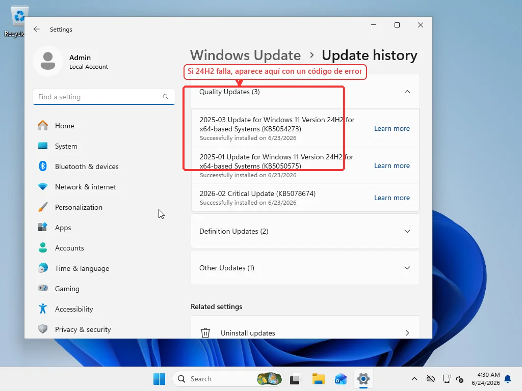 Windows 11 Settings Windows Update Update history with the Quality Updates list