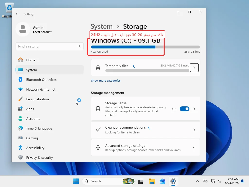 Windows 11 Settings System Storage page showing C drive used and free space