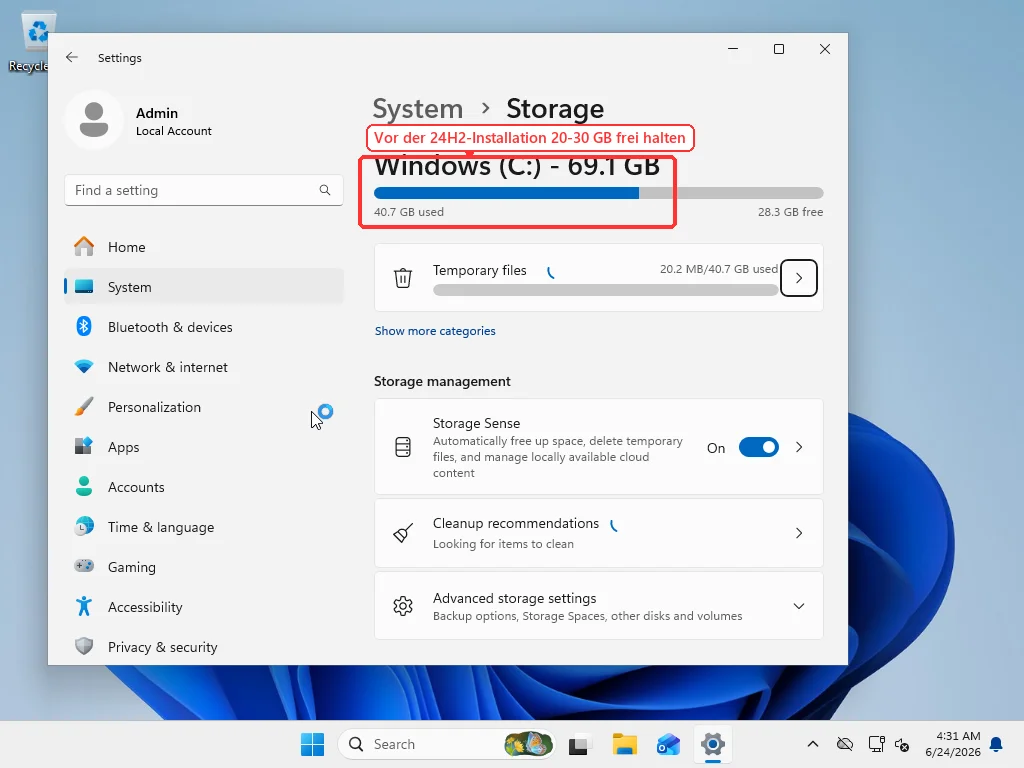 Windows 11 Settings System Storage page showing C drive used and free space