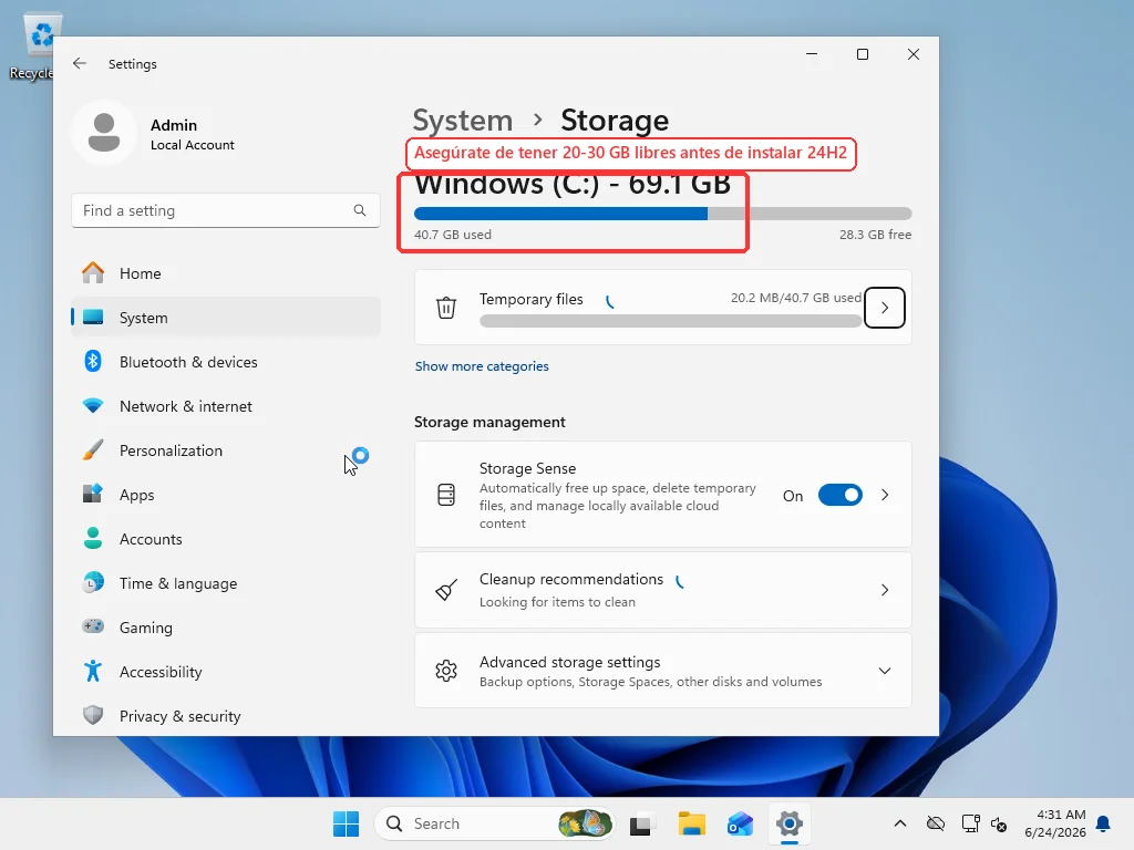 Windows 11 Settings System Storage page showing C drive used and free space