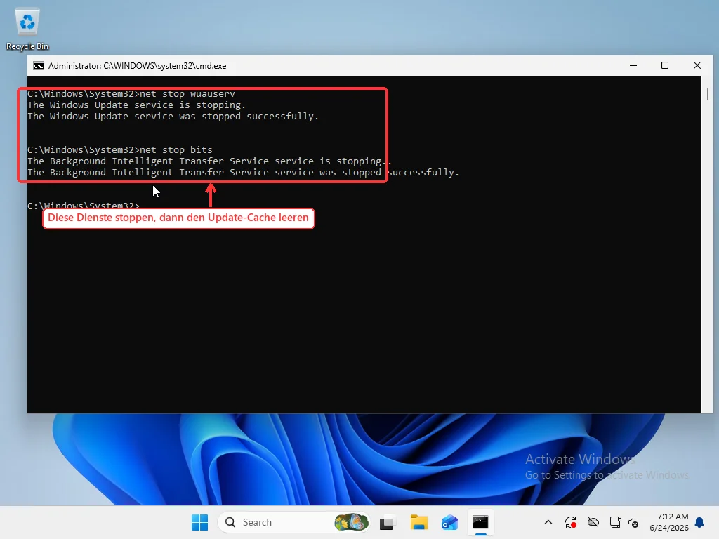 Administrator Command Prompt running net stop wuauserv and net stop bits