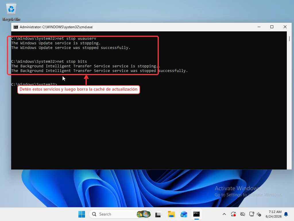 Administrator Command Prompt running net stop wuauserv and net stop bits