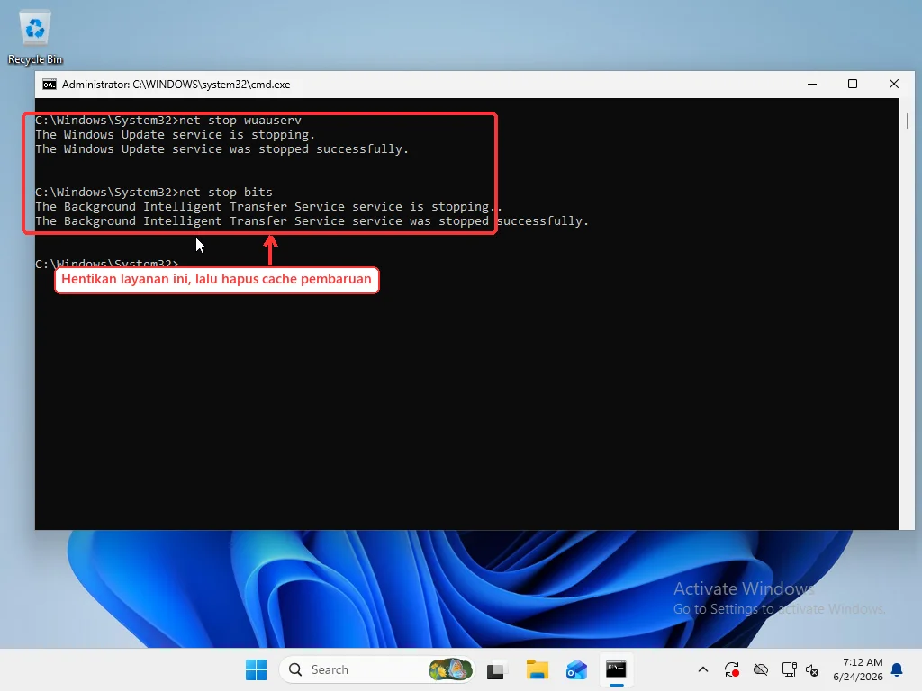Administrator Command Prompt running net stop wuauserv and net stop bits