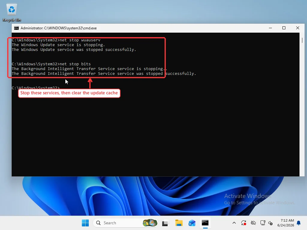 Administrator Command Prompt running net stop wuauserv and net stop bits, both reporting the service was stopped successfully